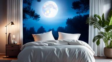 An image that showcases a serene, moonlit bedroom with a cozy, organic hemp-infused bedding set
