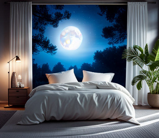 An image that showcases a serene, moonlit bedroom with a cozy, organic hemp-infused bedding set