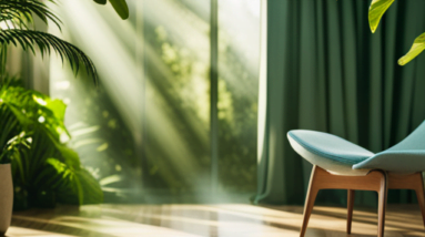 An image showcasing a serene, sun-drenched room with a comfortable armchair, bathed in soft hues of blue and green