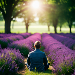 An image showcasing a serene nature scene with a person sitting cross-legged on a lush green meadow, surrounded by blooming lavender fields, gently inhaling as sunlight filters through a canopy of trees