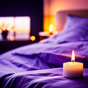 An image showcasing a serene bedroom scene: a dimly lit room with lavender-scented candles, a cozy bed adorned with soothing blue sheets, and a person peacefully sleeping, highlighting how CBD promotes better sleep