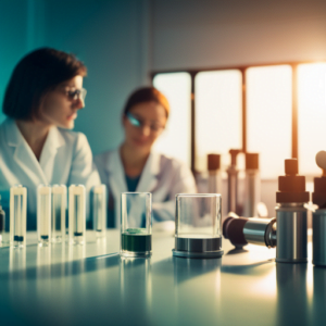 An image showcasing a serene, sun-drenched laboratory with scientists meticulously analyzing CBD molecules under magnifying glasses, while test tubes filled with vibrant liquid emit a calming glow, illuminating the room