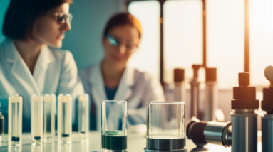 An image showcasing a serene, sun-drenched laboratory with scientists meticulously analyzing CBD molecules under magnifying glasses, while test tubes filled with vibrant liquid emit a calming glow, illuminating the room