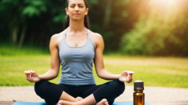 An image showcasing a person practicing yoga outdoors, basking in natural sunlight, with CBD oil nearby