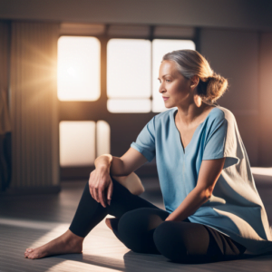 An image depicting a serene, sun-drenched room with a person in comfortable clothing, gently massaging CBD-infused lotion onto their achy joints, visibly experiencing relief